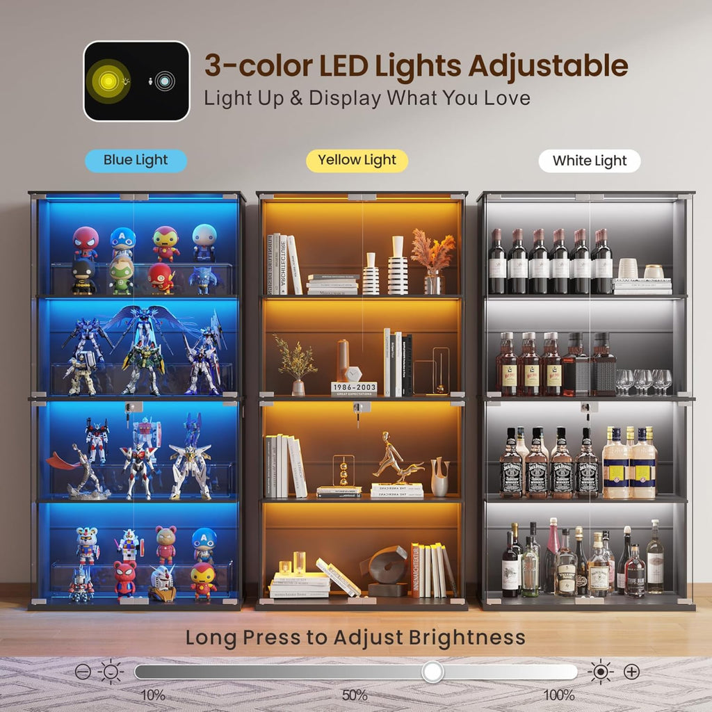 Vitrina Lvifur con iluminación LED y puertas de cristal para coleccionables, vino, 35×70×168 cm, vitrina de cristal de 4 niveles, mueble vitrina con sensores inteligentes para sala de estar y dormitorio, negro