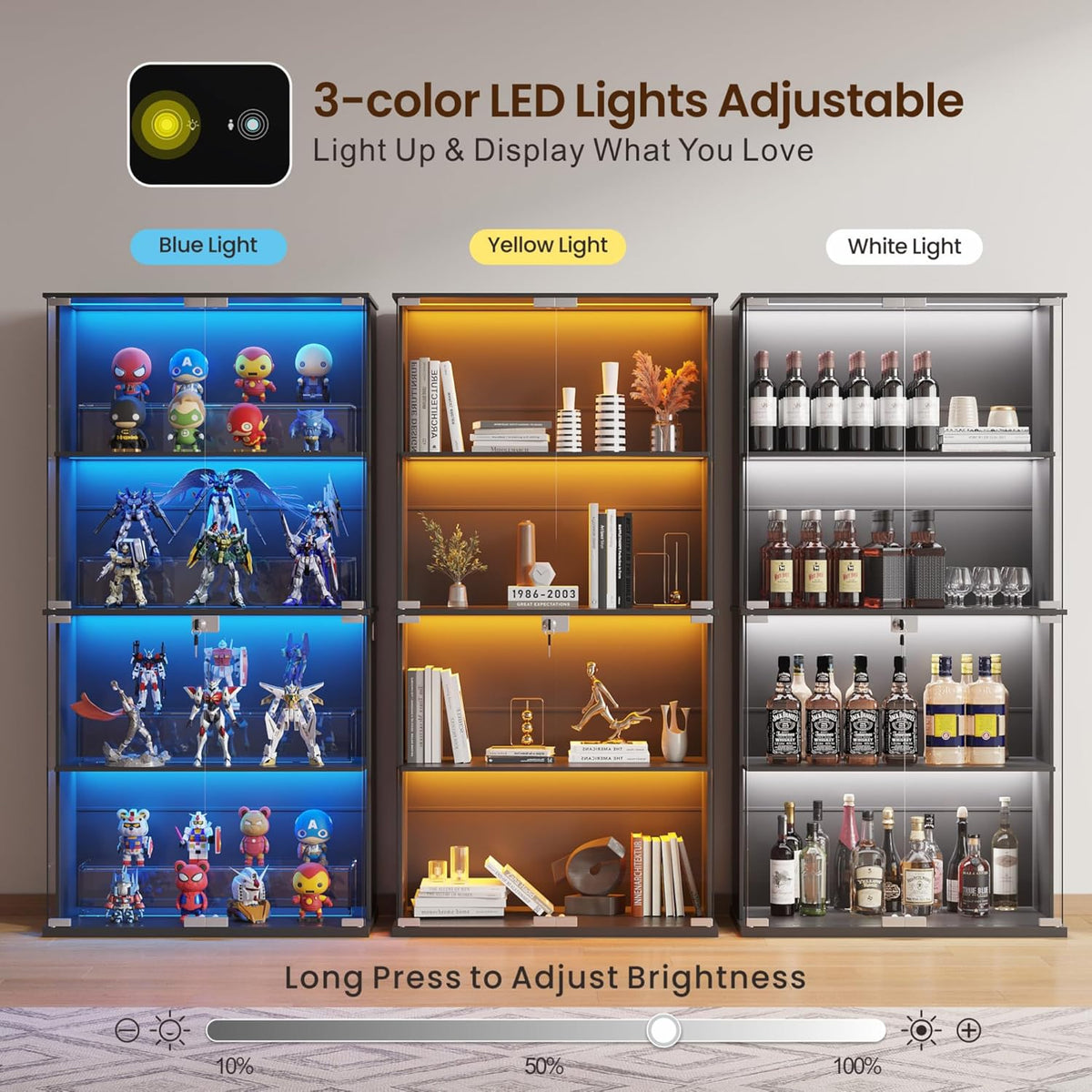 Vitrina Lvifur con iluminación LED y puertas de cristal para coleccionables, vino, 35×70×168 cm, vitrina de cristal de 4 niveles, mueble vitrina con sensores inteligentes para sala de estar y dormitorio, negro