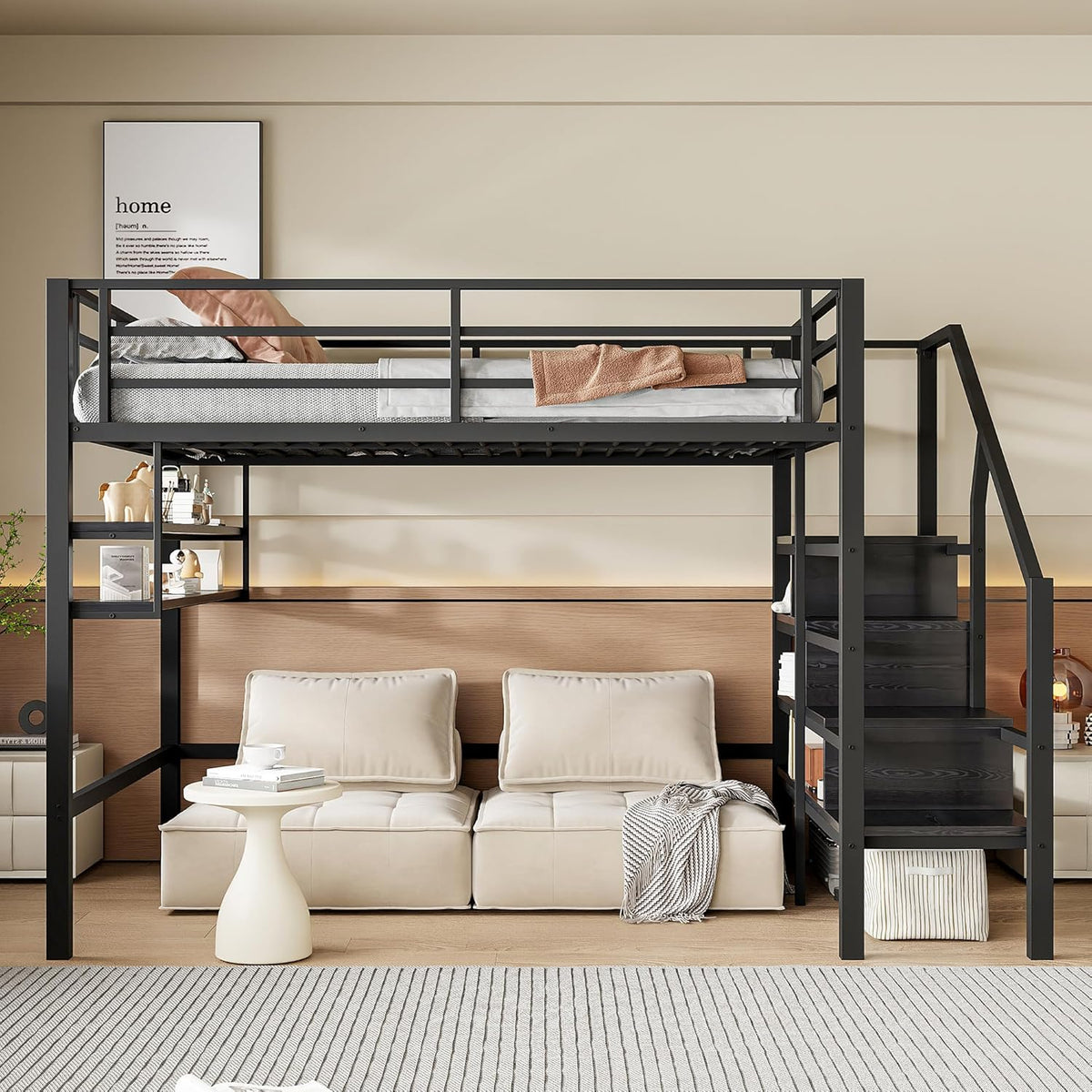 Hochbett, 140*200cm , Einlegeböden, Stauraumleiter, Freiraum unter dem Bett zum Verkleiden, Geländer, ohne Matratze, Schwarz Möbel, Schlafzimmermöbel, Bett, Bettgestell und Untergestell WX00057