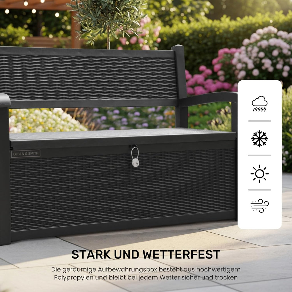 Banco de jardín con almacenamiento Olsen & Smith de 265 litros, resistente a la intemperie, arcón con cerradura, caja de almacenamiento para cojines, plástico impermeable, para herramientas, juguetes, mantas y más, negro