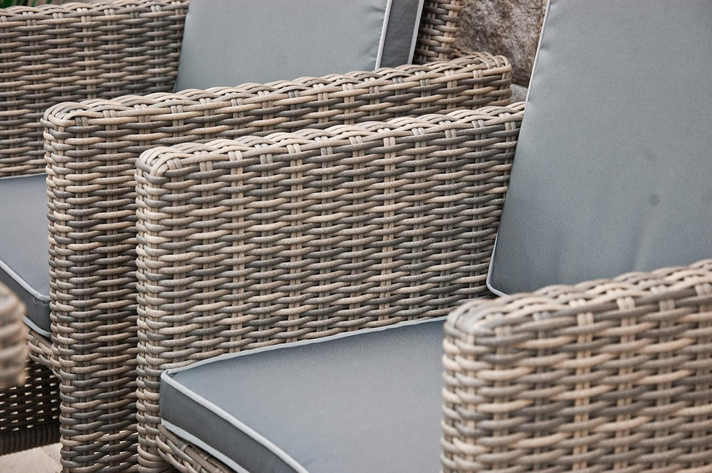 Ragnarök PolyRattan - DEUTSCHE Marke - EIGENE Produktion - 8 Jahre Garantie - Gartenmöbel Essgruppe Tisch 4 Stuhl Hocker 12 Polster Grau Rostfrei Aluminium Natur Dining Würfel Glas