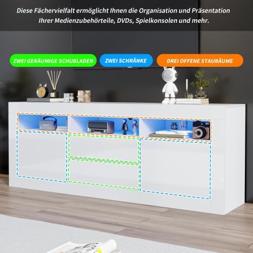 Mueble para TV Merax con iluminación LED, mueble bajo de 160 cm en blanco de alto brillo, sistema de apertura por presión, gran espacio de almacenamiento para salón, control por Bluetooth para la iluminación LED