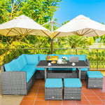 Conjunto de muebles de comedor para patio de 7 piezas de ratán con sofá seccional, mesa de comedor, otomanas y cojines