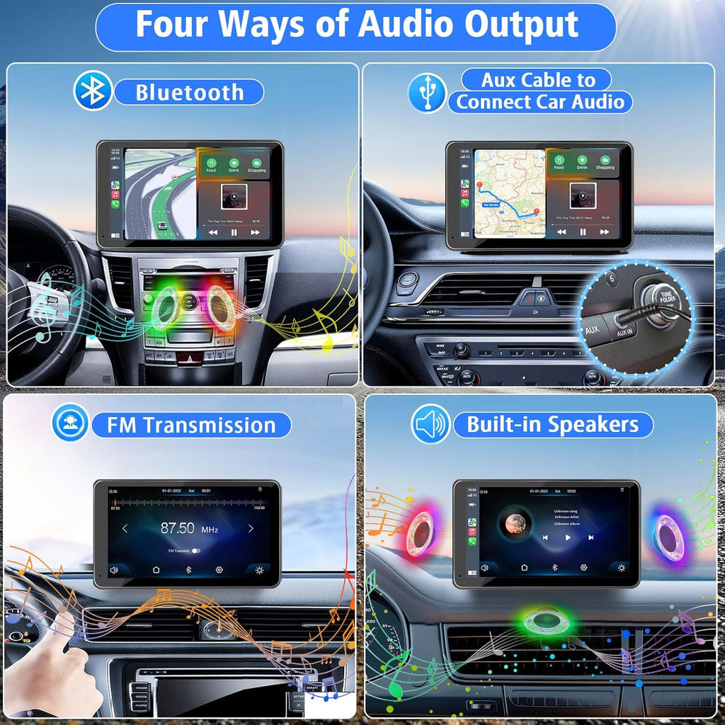 flysclean Pantalla portátil inalámbrica más reciente para Apple CarPlay y Android Auto para coche, estéreo de coche con pantalla táctil HD de 7 pulgadas con Mirror Link, Bluetooth 5.2, cámara de visión trasera, AUX, transmisor FM para todos los vehículos