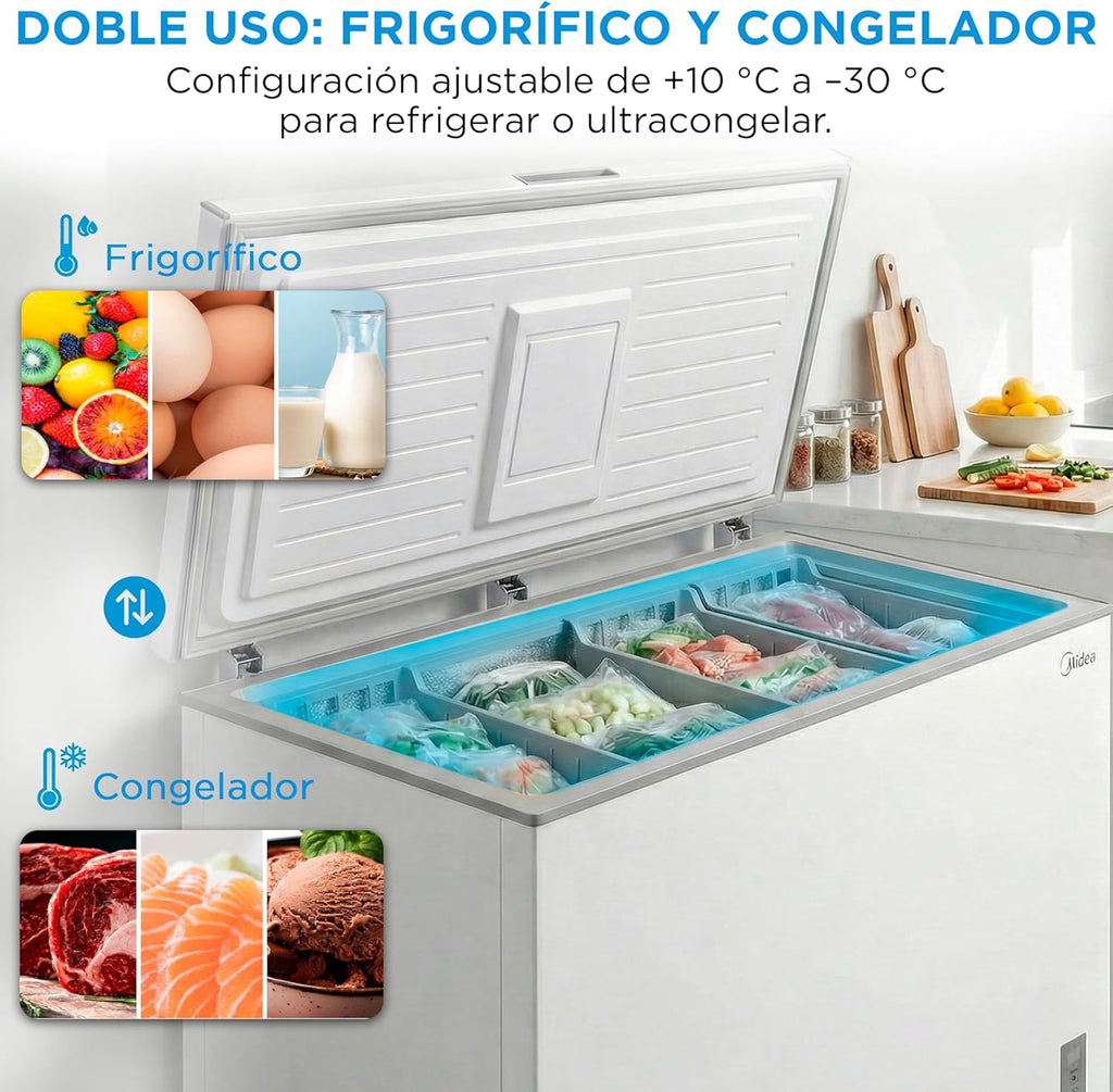 Congelador horizontal pequeño MIDEA de 418 L | Congelador arcón convertible a frigorífico con motor inverter, control electrónico de temperatura, cestas con asa | Arcón silencioso de 41 dB y bajo consumo