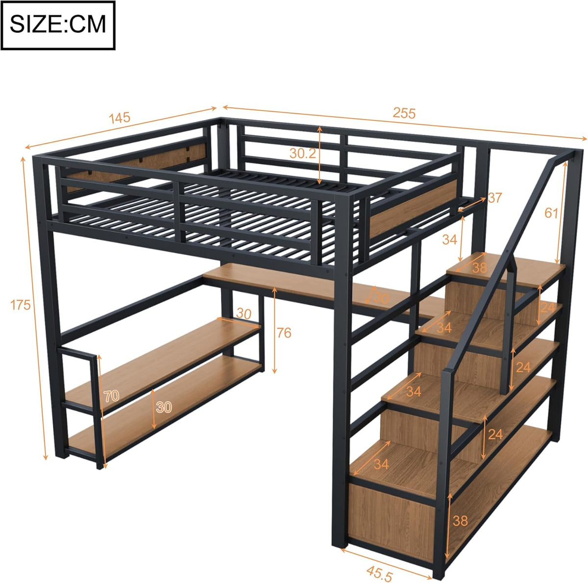 140*200 Metall-Hochbett mit Aufbewahrungsleiter mit Regalen und Tisch, Sicherheitszaun-Design mit gespleißten Metallplanken, Hohes Eisenrahmenbett mit Metallrahmen für stabile Unterstützung (Schwarz)