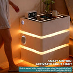 Mesita de noche LED con función de carga, 3 cajones, mesa auxiliar con altavoz Bluetooth, luz con sensor, luz de 3 colores, mesita de noche blanca con 2 USB y 1 tipo C, mesa de sofá para sala de estar, dormitorio