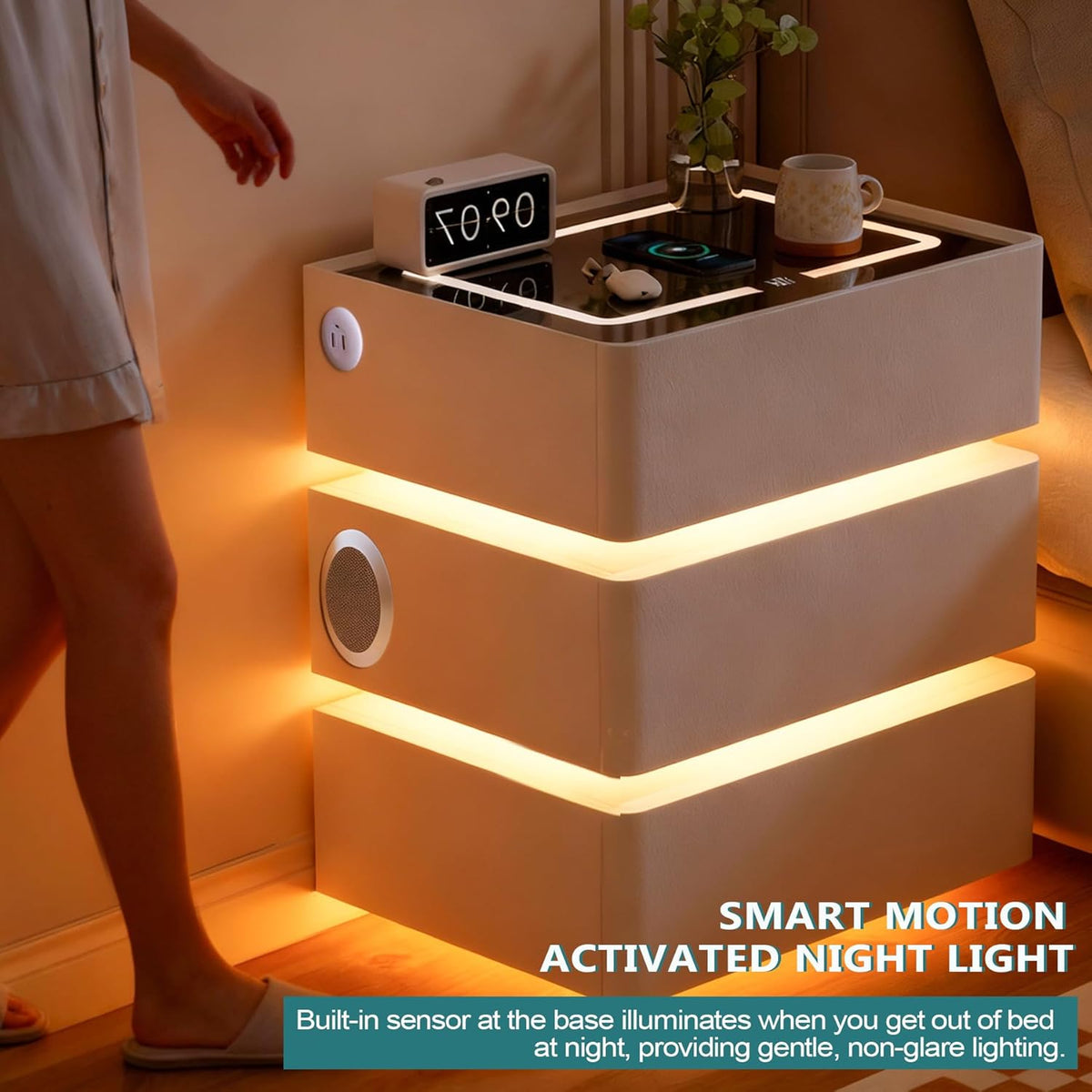 Mesita de noche LED con función de carga, 3 cajones, mesa auxiliar con altavoz Bluetooth, luz con sensor, luz de 3 colores, mesita de noche blanca con 2 USB y 1 tipo C, mesa de sofá para sala de estar, dormitorio