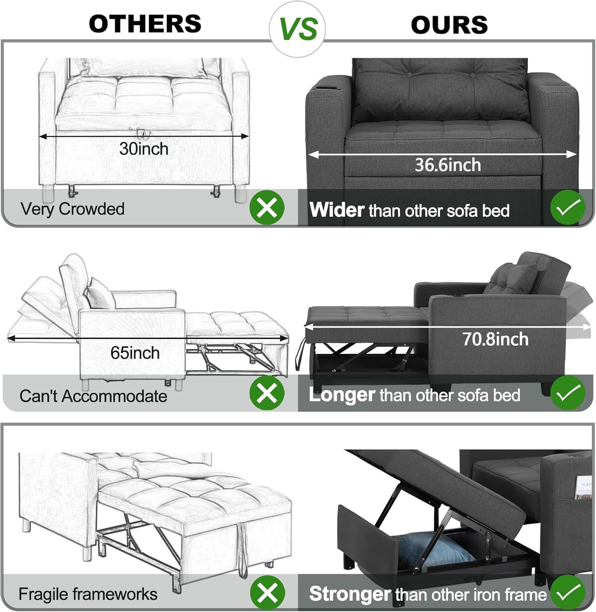 Sillón cama DURASPACE, silla convertible 3 en 1, sillón cama extensible, sofá cama con puertos USB, bolsillo lateral, portavasos para espacios pequeños (gris oscuro)