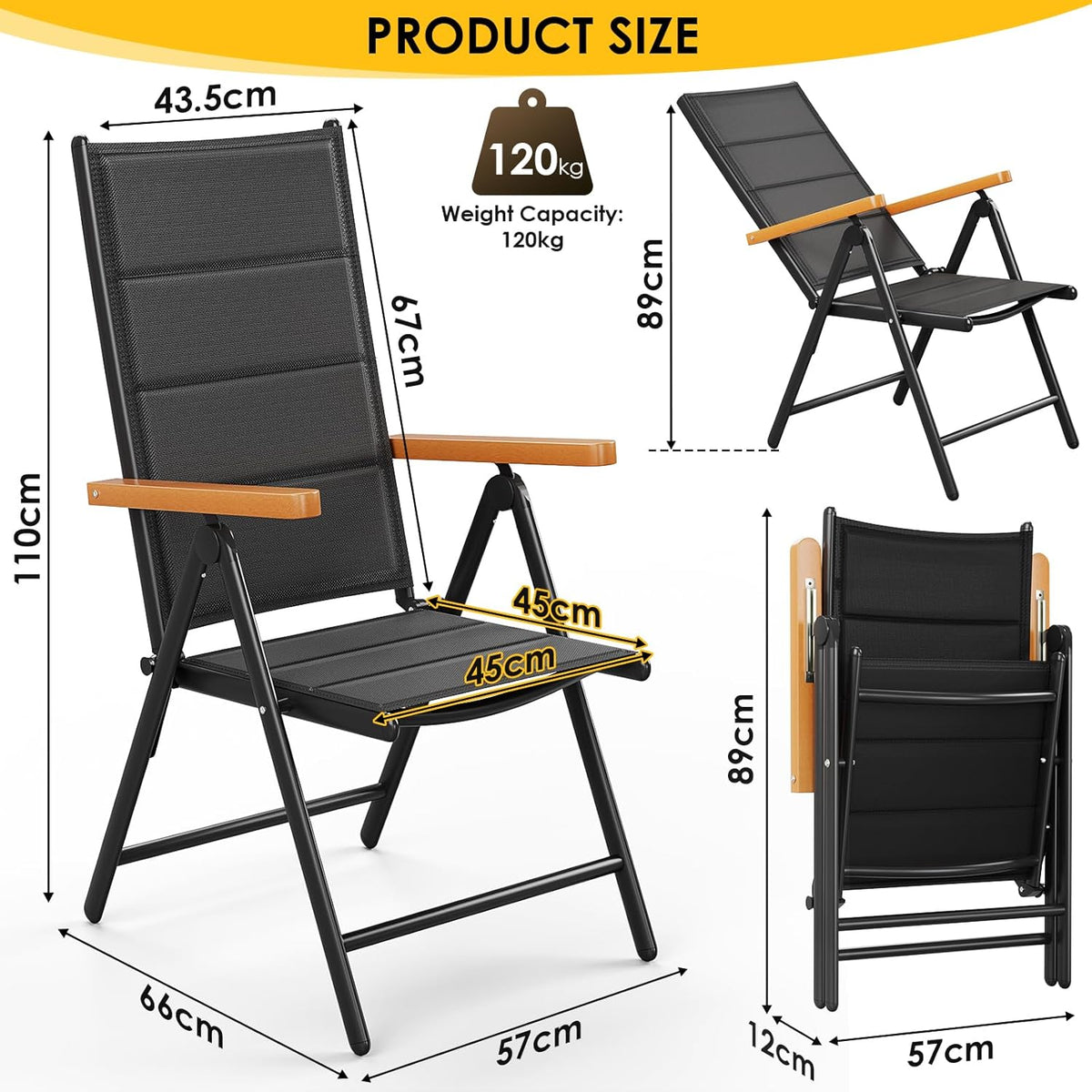 LIFERUN Silla de jardín plegable con respaldo alto, juego de 2 sillas de aluminio para balcón, reposabrazos de WPC, con respaldo y asiento acolchados, ajustable en 7 posiciones, hasta 120 kg, silla de comedor para exteriores, negro, 2 unidades