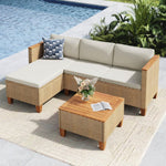 MFSTUDIO Juego de muebles de jardín de ratán de 3 piezas con cojines beige para 4 personas, pequeño sofá de exterior en forma de L con mesa de madera, conjunto de salón de jardín para terraza, balcón