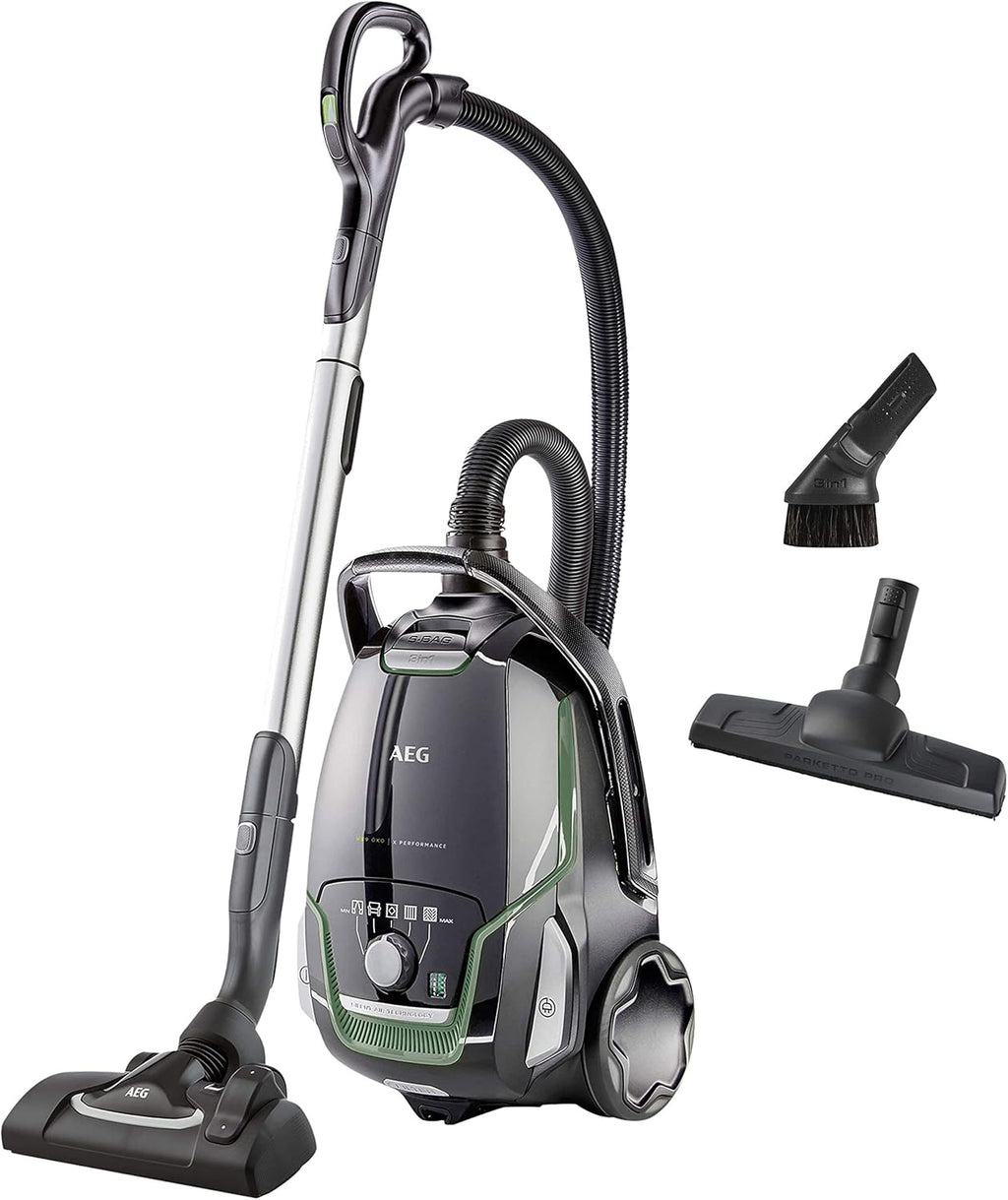 AEG VX9-2-ÖKO Staubsauger / 12 m / 850 Watt/nur 65 dB(A) / 5 l/schwarz/grün & AFS1W Allergy Plus Filter (Ideal für Allergiker, Filterwirkung mehr als 99%, saubere Luft, waschbar) blau/weiß