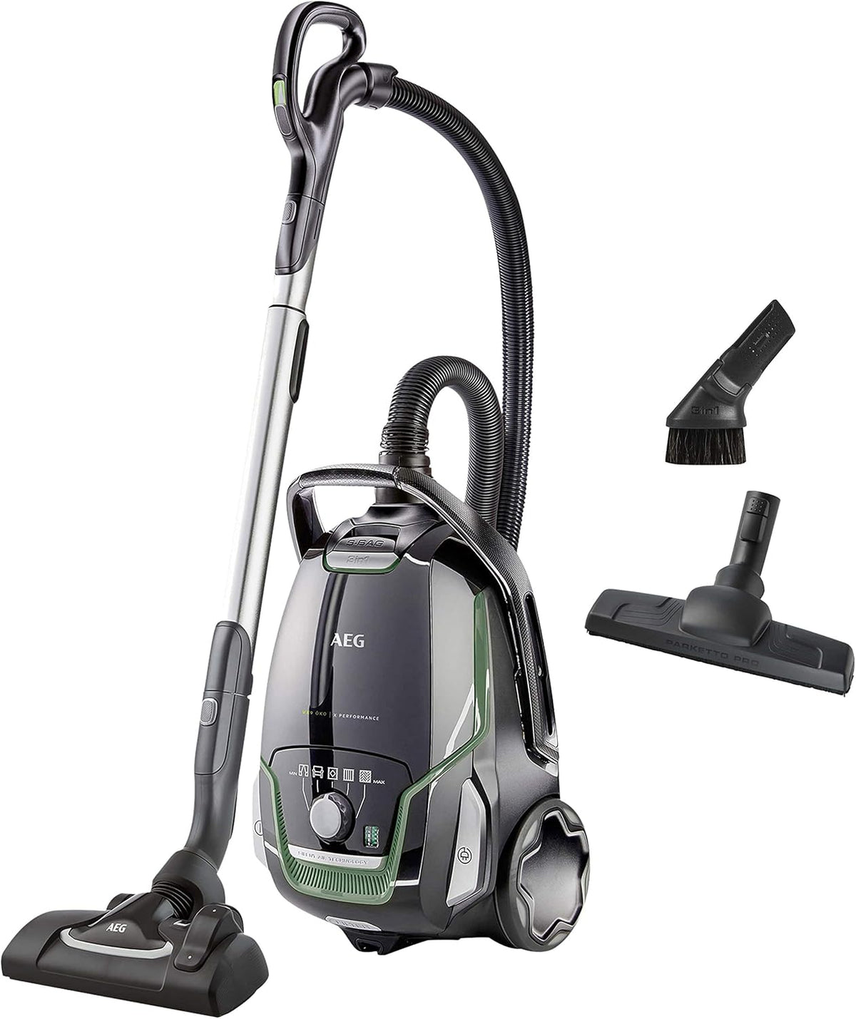 AEG VX9-2-ÖKO Staubsauger / 12 m / 850 Watt/nur 65 dB(A) / 5 l/schwarz/grün & AFS1W Allergy Plus Filter (Ideal für Allergiker, Filterwirkung mehr als 99%, saubere Luft, waschbar) blau/weiß