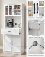 VASAGLE Armario de cocina, armario multiusos, armario de despensa, con estantes ajustables, apto para microondas, cajón, puertas de cristal, orificio para cables, estilo moderno, blanco LSC361W21
