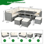 Conjunto de muebles de comedor para patio de 7 piezas de ratán con sofá seccional, mesa de comedor, otomanas y cojines