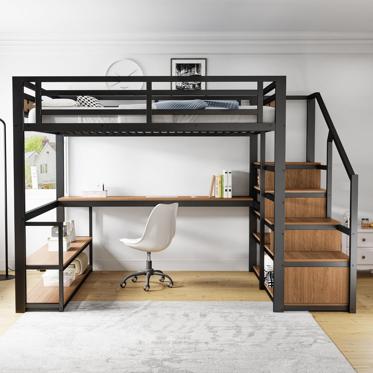 140*200 Metall-Hochbett mit Aufbewahrungsleiter mit Regalen und Tisch, Sicherheitszaun-Design mit gespleißten Metallplanken, Hohes Eisenrahmenbett mit Metallrahmen für stabile Unterstützung (Schwarz)