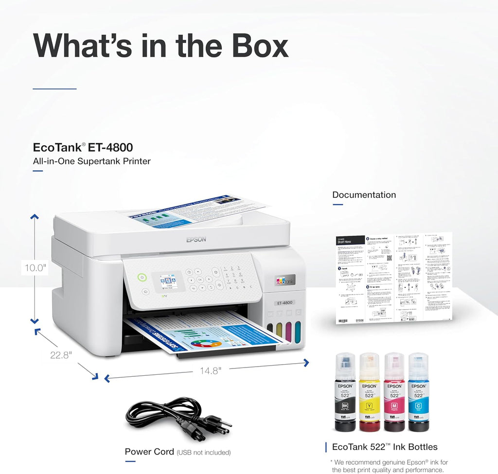 Impresora multifunción inalámbrica Epson EcoTank ET-4800 sin cartuchos con escáner, copiadora, fax, ADF y Ethernet – Ideal para su oficina en casa, color blanco