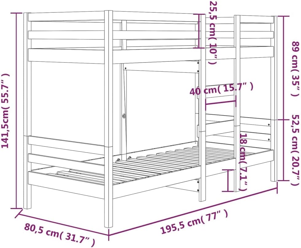 vidaXL Etagenbett Hochbett Schlafzimmerbett Stockbett Holzbett Bettgestell Bettrahmen Massivholzbett Bett 75x190cm Massivholz Kiefer
