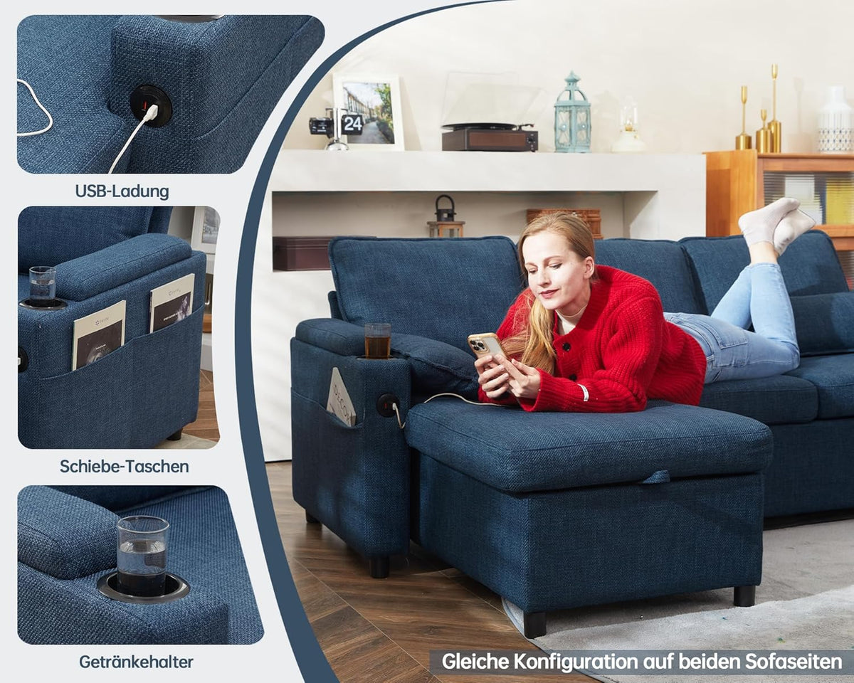 DURASPACE Schlafsofa Ausziehbar 2 in 1 Sektional Couches Schlafcouch mit Lagerung, USB, Getränkehalter, Schlaffunktion und Bettkasten Ecksofa Stauraum für Wohnung Wohnzimmer (Blau)