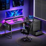 Escritorio en esquina ODK con 4 cajones de tela, escritorio en forma de L reversible de 140x80 cm con 2 enchufes y 2 puertos de carga USB, escritorio gaming en forma de L con LED y soporte para monitor para oficina en casa, negro