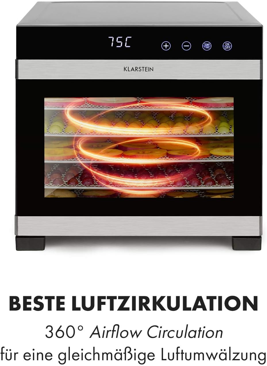 Klarstein Flavour Dry Dörrautomat Mit Edelstahl-Gehäuse, 6 Ablagegitter, LCD-Touch-Display, Timer, 360° Airflow Circulation, Digitaler Thermostat, 35-75 C°