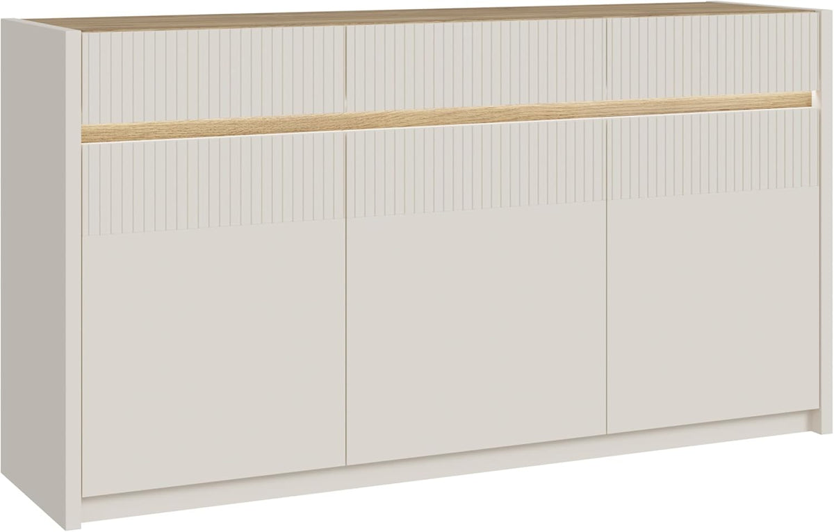 Forte Oak SQUERE Sideboard 160, Elegantes Sideboard mit 3 Türen, Beleuchtung und Lamellendesign, Holzwerkstoff, Mauvella Eiche Dekor/Sand, 160 cm breit x 85,9 cm hoch x 41,5 cm tief