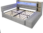 Sofá cama, 140 × 190 cm, con dos cajones, puertos USB y tipo C, compartimento de almacenamiento, banco de almacenamiento en el piecero, tira de luz LED, sin colchón, terciopelo, gris