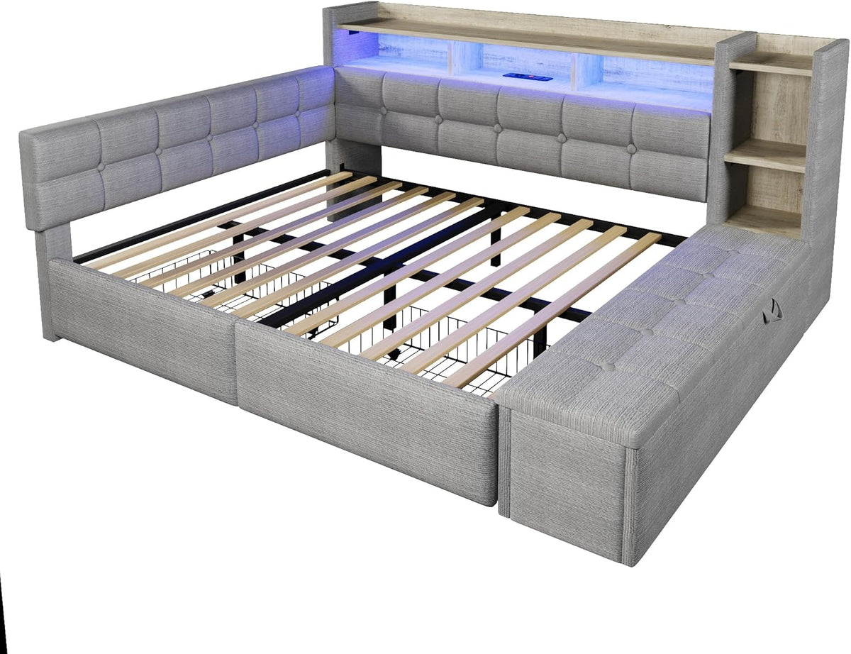 Sofá cama, 140 × 190 cm, con dos cajones, puertos USB y tipo C, compartimento de almacenamiento, banco de almacenamiento en el piecero, tira de luz LED, sin colchón, terciopelo, gris