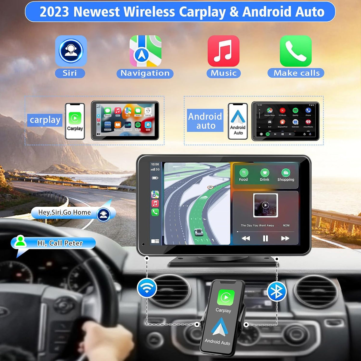 flysclean Pantalla portátil inalámbrica más reciente para Apple CarPlay y Android Auto para coche, estéreo de coche con pantalla táctil HD de 7 pulgadas con Mirror Link, Bluetooth 5.2, cámara de visión trasera, AUX, transmisor FM para todos los vehículos