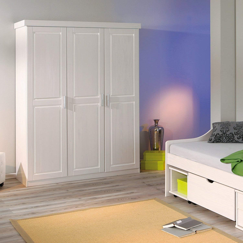 Inter Link - Kleiderschrank - Drehtürenschrank - Wäscheschrank - Garderobenschrank - Schlafzimmerschrank - 3 Türen - Kiefer massiv - Magnus - Weiß lackiert