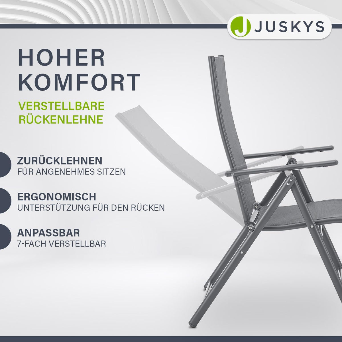 Juskys Gartenstuhl Calena 4er Set Anthrazit - 7-Fach verstellbar & klappbar - pulverbeschichteter Stahl, atmungsaktiv