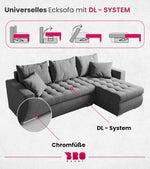 BROMARKT Sofa mit Schlaffunktion Ecksofa L-Form Schlafsofa Couch Bettkasten Wohnzimmer Möbel LUIS Couch 3 Sitzer Bett mit Bezugbehalter 238x150x72 Hellgrau