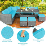 Conjunto de muebles de comedor para patio de 7 piezas de ratán con sofá seccional, mesa de comedor, otomanas y cojines