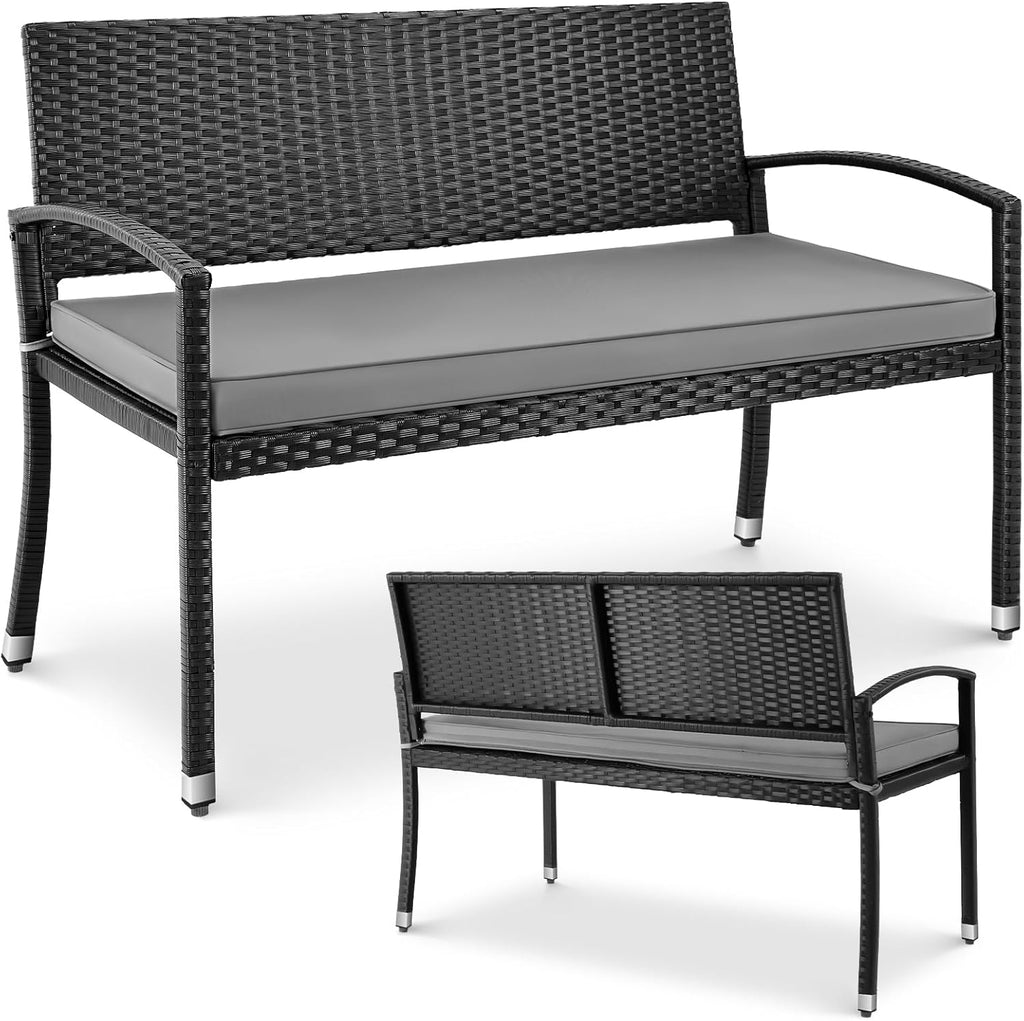 LIFERUN Banco de jardín resistente a la intemperie con cojín, banco de polirratán de 2 plazas, capacidad de carga de 320 kg, cómodo banco de jardín para exterior, 122x60x90 cm, banco de balcón para balcón pequeño, jardín, terraza, negro