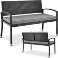 LIFERUN Banco de jardín resistente a la intemperie con cojín, banco de polirratán de 2 plazas, capacidad de carga de 320 kg, cómodo banco de jardín para exterior, 122x60x90 cm, banco de balcón para balcón pequeño, jardín, terraza, negro