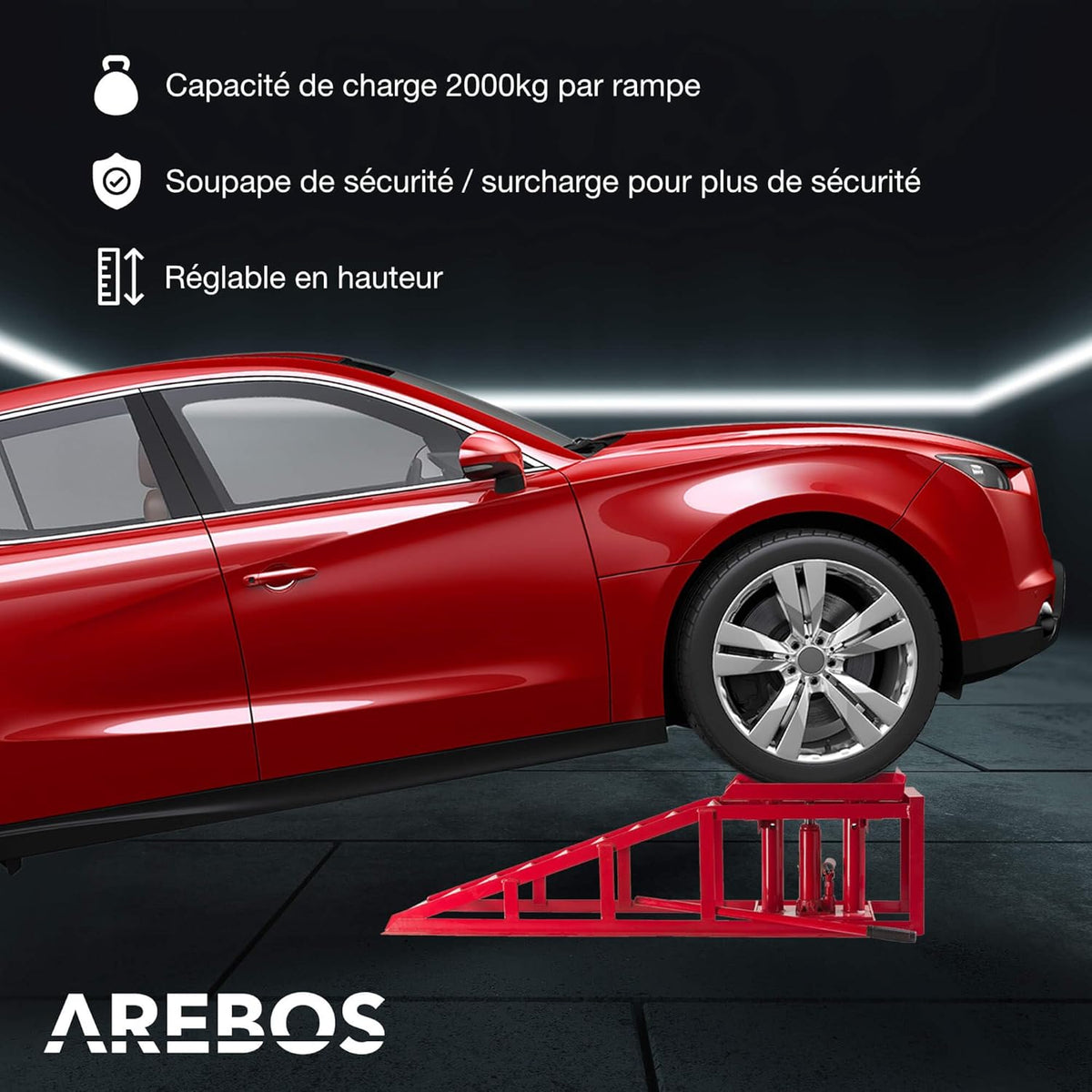 Arebos Juego de 2 rampas de acceso con gato hidráulico de 2 T | Elevador de coches XXL | Ancho de acceso de 257 mm | Plataforma elevadora con válvula de seguridad | Altura ajustable | Rojo