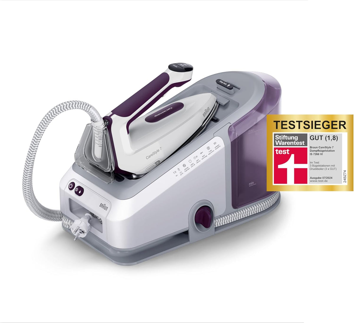 Centro de planchado Braun CareStyle 7 IS 7266 VI, suela FreeGlide 3D, funciones iCare, iMode y vapor vertical, FastClean, golpe de vapor 550 g/min, depósito de agua extraíble de 2 L, 2700 W, blanco-violeta