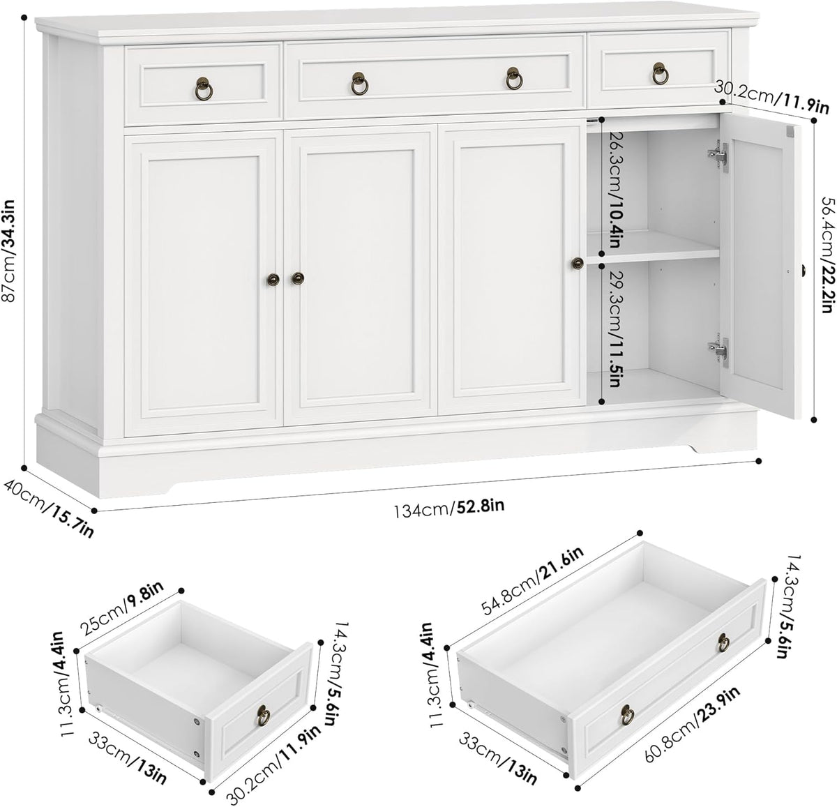 FirFurd Sideboard Küchenschrank mit Arbeitsplatte Buffetschrank Sideboard für Küche Wohnzimmer Wohnzimmerschrank mit 3 Schubladen und 4Türen Küchenbuffet mit Verstellbares Regal 134x87x40 cm weiß
