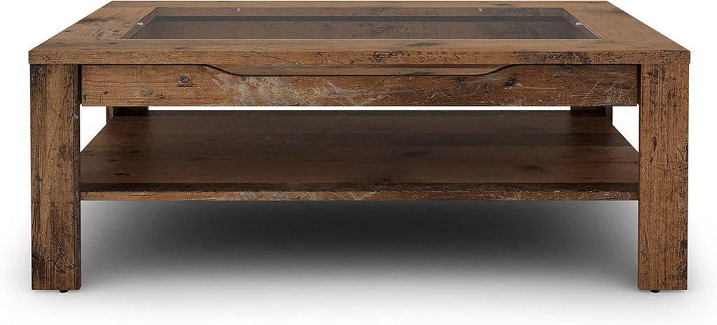 byLIVING Couchtisch Ralph/Eiche-Altholz-Optik dunkel-braun/Sofatisch mit Glaseinlage und großzügiger Schublade in braun/Beistelltisch mit viel Stauraum/B 110, H 43, T 67 cm