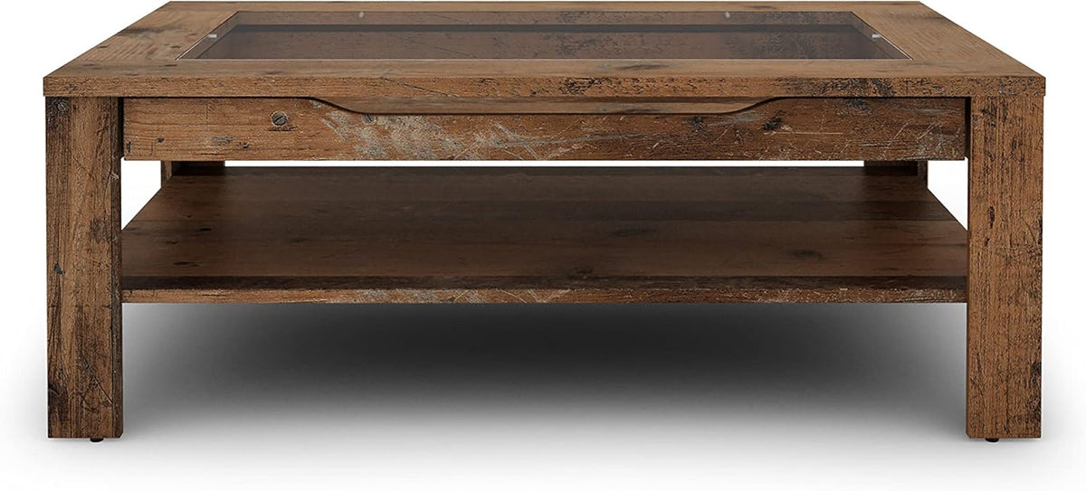 byLIVING Couchtisch Ralph/Eiche-Altholz-Optik dunkel-braun/Sofatisch mit Glaseinlage und großzügiger Schublade in braun/Beistelltisch mit viel Stauraum/B 110, H 43, T 67 cm