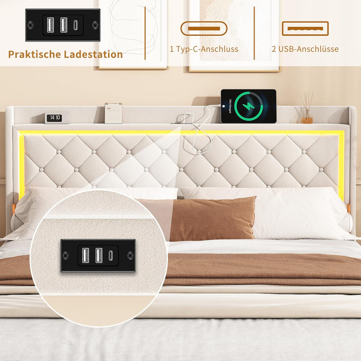 Cama tapizada de 90x200 cm con iluminación LED, USB y canapé hidráulico – Cama individual juvenil con almacenamiento, somier y cabecero, terciopelo beige, sin colchón (Beige-3, 90x200 cm)