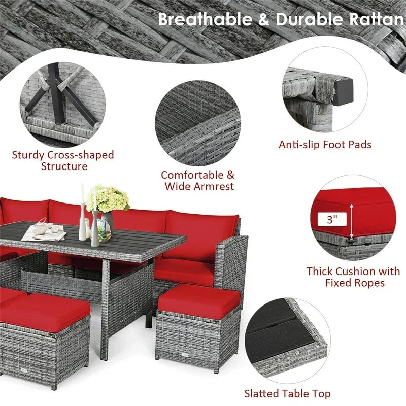 Conjunto de muebles de comedor para patio de 7 piezas de ratán con sofá seccional, mesa de comedor, otomanas y cojines