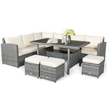 Conjunto de muebles de comedor para patio de 7 piezas de ratán con sofá seccional, mesa de comedor, otomanas y cojines