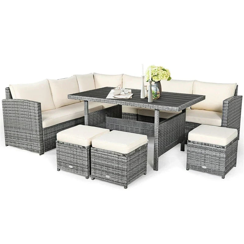 Conjunto de muebles de comedor para patio de 7 piezas de ratán con sofá seccional, mesa de comedor, otomanas y cojines