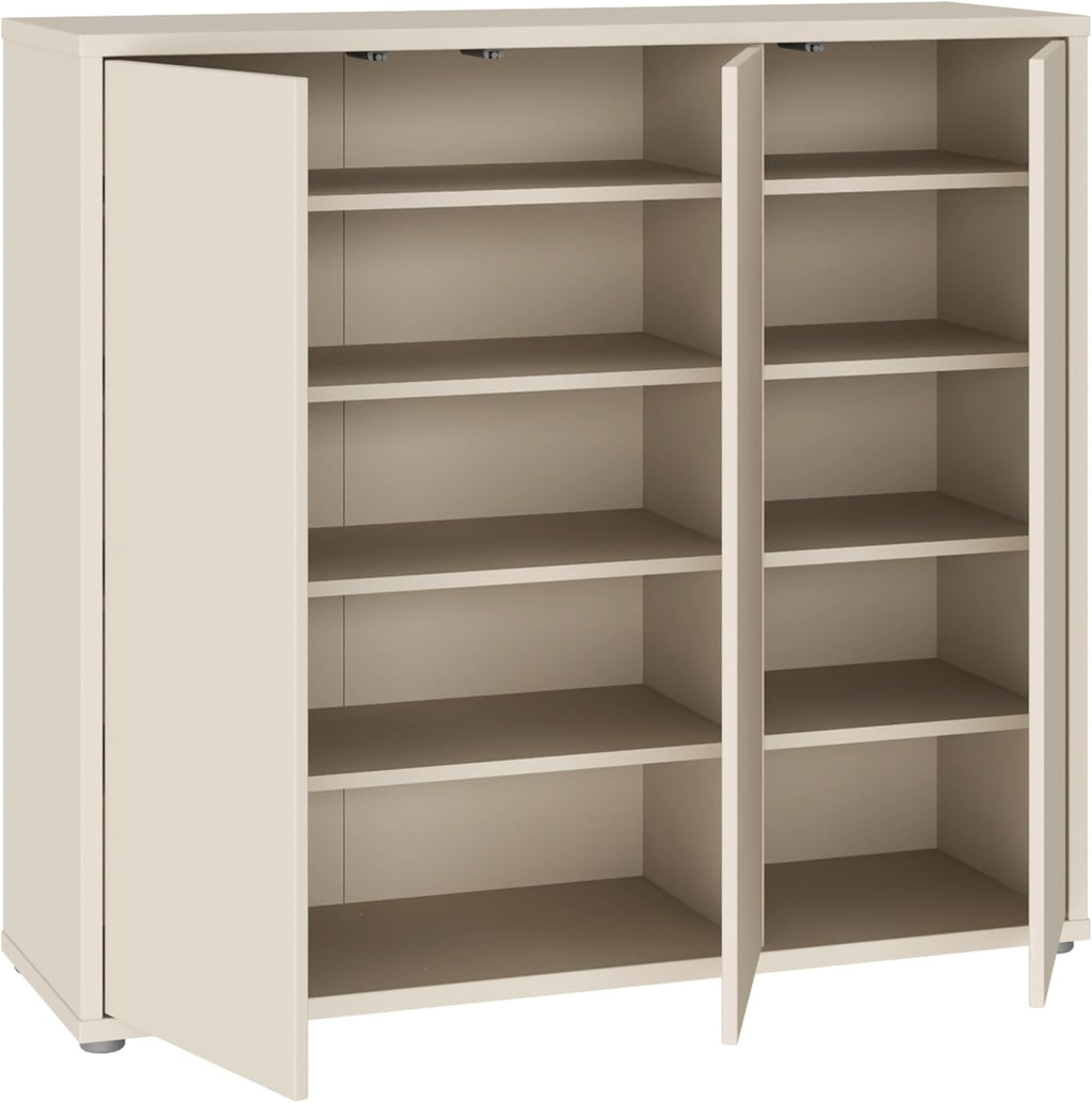 Forte Alice Springs Schuhschrank 100 110, Flurschrank mit 3 Türen und 8 Einlegeböden, Holzwerkstoff, Kaschmir Beige, 109,2 cm breit x 99,1 cm hoch x 34,9 cm tief