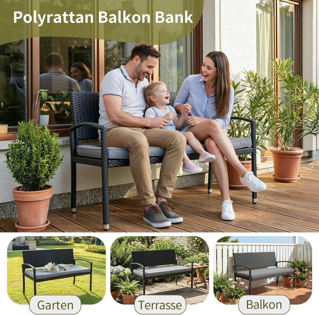 LIFERUN Banco de jardín resistente a la intemperie con cojín, banco de polirratán de 2 plazas, capacidad de carga de 320 kg, cómodo banco de jardín para exterior, 122x60x90 cm, banco de balcón para balcón pequeño, jardín, terraza, negro