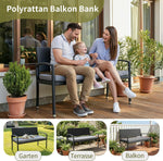 LIFERUN Banco de jardín resistente a la intemperie con cojín, banco de polirratán de 2 plazas, capacidad de carga de 320 kg, cómodo banco de jardín para exterior, 122x60x90 cm, banco de balcón para balcón pequeño, jardín, terraza, negro
