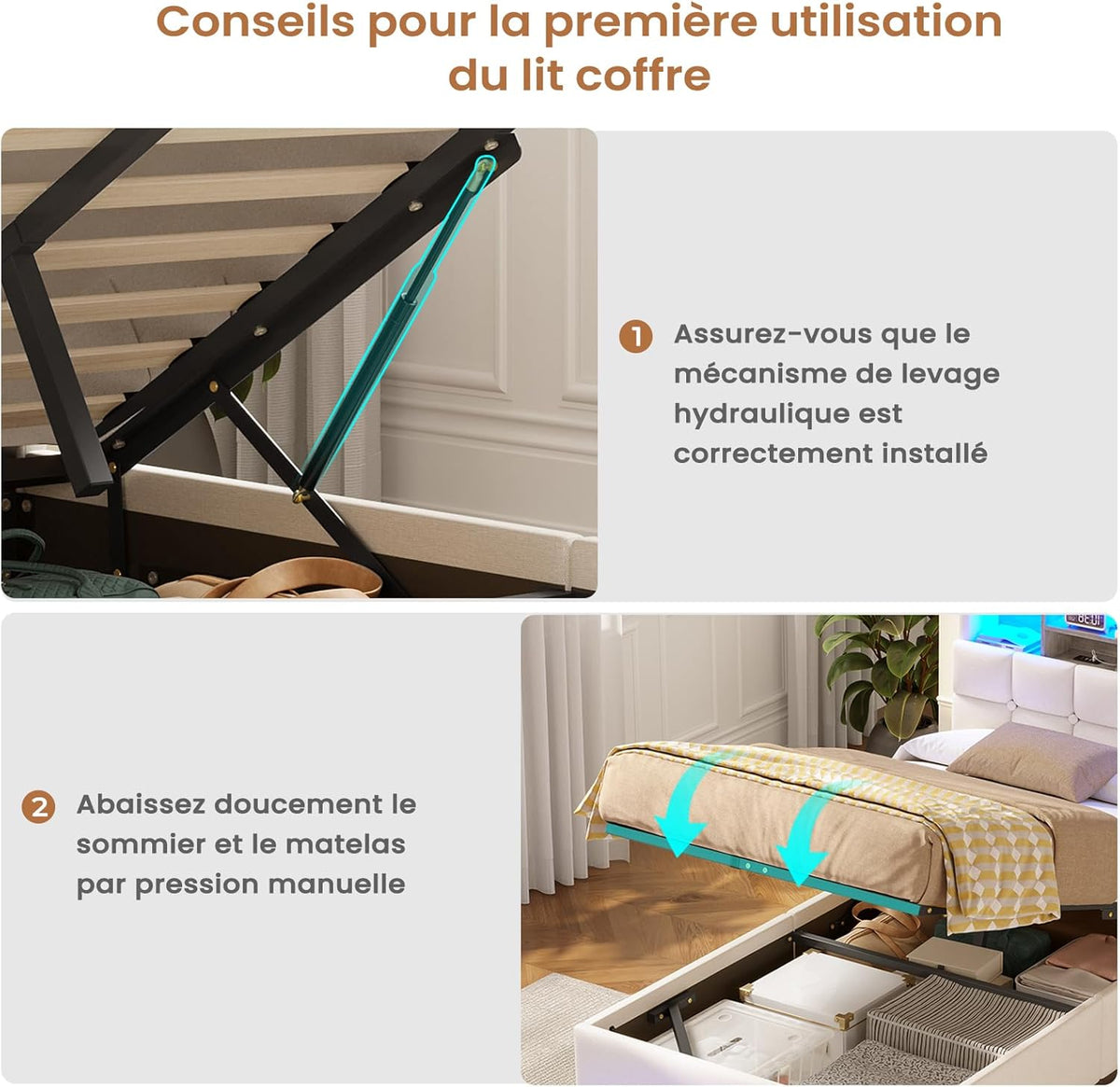 Cama tapizada AOGLLATI 90×200 cm, cama hidráulica con almacenamiento e iluminación LED, cama juvenil con estación de carga, cama individual con cabecero con almacenamiento, tela de lino, sin colchón (beige, 90x200 cm)