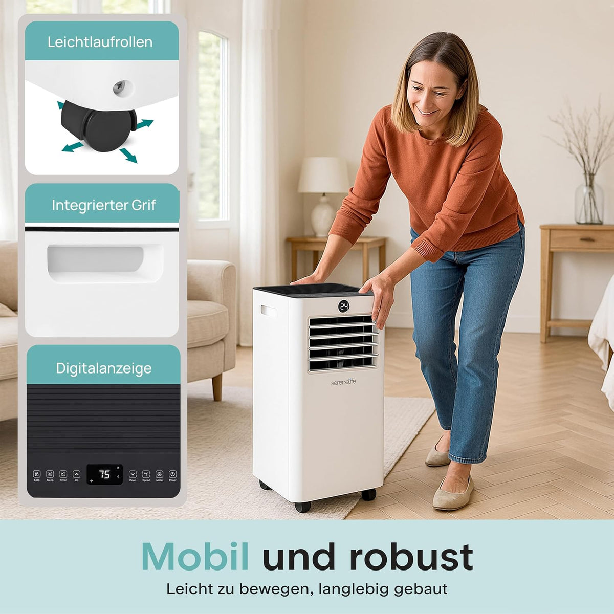 Aire acondicionado portátil SereneLife 7000 BTU, unidad 3 en 1 con manguera de escape, refrigeración, deshumidificación y ventilación, incluye kit para ventana, para habitaciones de hasta 35 m², temporizador de 24 h, silencioso 54 dB