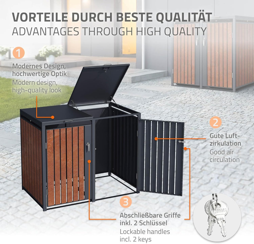 ML-Design Mülltonnenbox 3er 240L, Mülltonnenverkleidung für 3 Mülltonnen, Müllbox wetterfest, Mülltonnenhaus aus Stahl, Müllcontainer mit Deckel, abschließbare Tür, 200x80x116,3 cm Anthrazit-Rostoptik